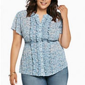 Bird print chiffon ruffled and smocked blouse